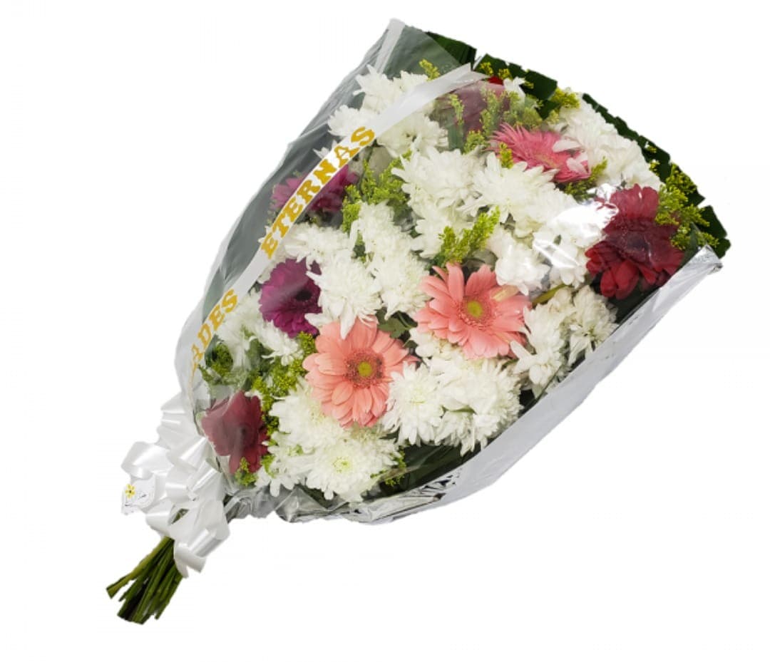 Ramalhete para velório com flores do campo coloridas e faixa