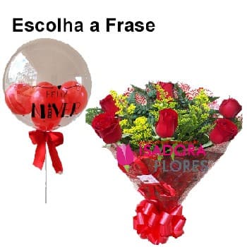 Buquê com meia dz de rosas vermelhas + Balão Bubble