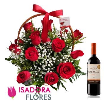 Cesta com rosas e vinho