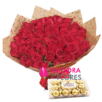 5959 Buquê Espetáculo com 50 Rosas vermelhas + Ferrero Rocher