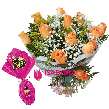Buquê com rosas laranja + Ovo de Páscoa Sonho de Valsa